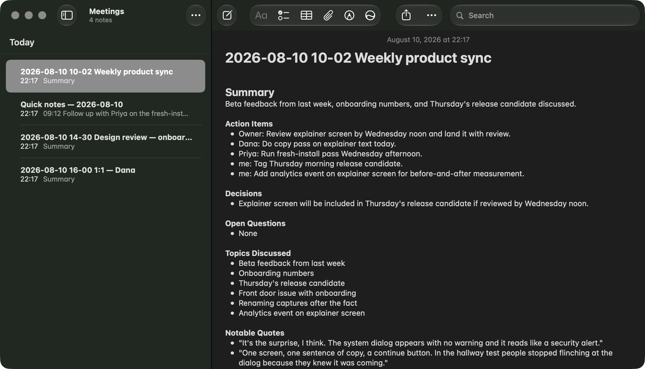 A delivered meeting note in Apple Notes, dark mode: '2026-08-10 10-02 Weekly product sync' open in a Meetings folder with a Summary, Action Items with owners, Decisions and Notable Quotes, and the day's other delivered notes in the list beside it.