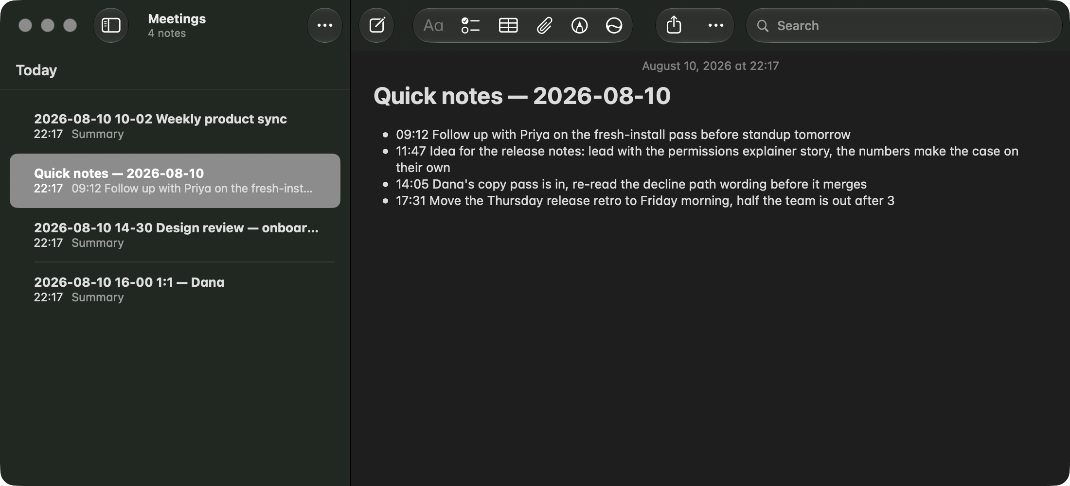 A day's quick notes in Apple Notes, dark mode: a note titled 'Quick notes — 2026-08-10' holding four captures, each a bullet that starts with the time it was spoken.