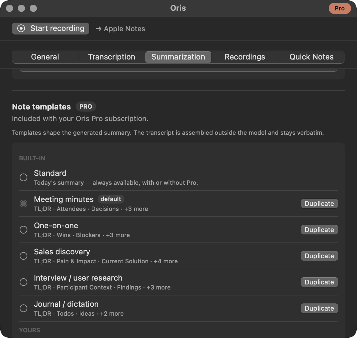 The Note templates group on the Summarization tab with Pro active: six built-in templates: Standard, Meeting minutes (set as default), One-on-one, Sales discovery, Interview / user research, and Journal / dictation, each listing its sections, with Duplicate buttons and a Pro chip in the title bar
