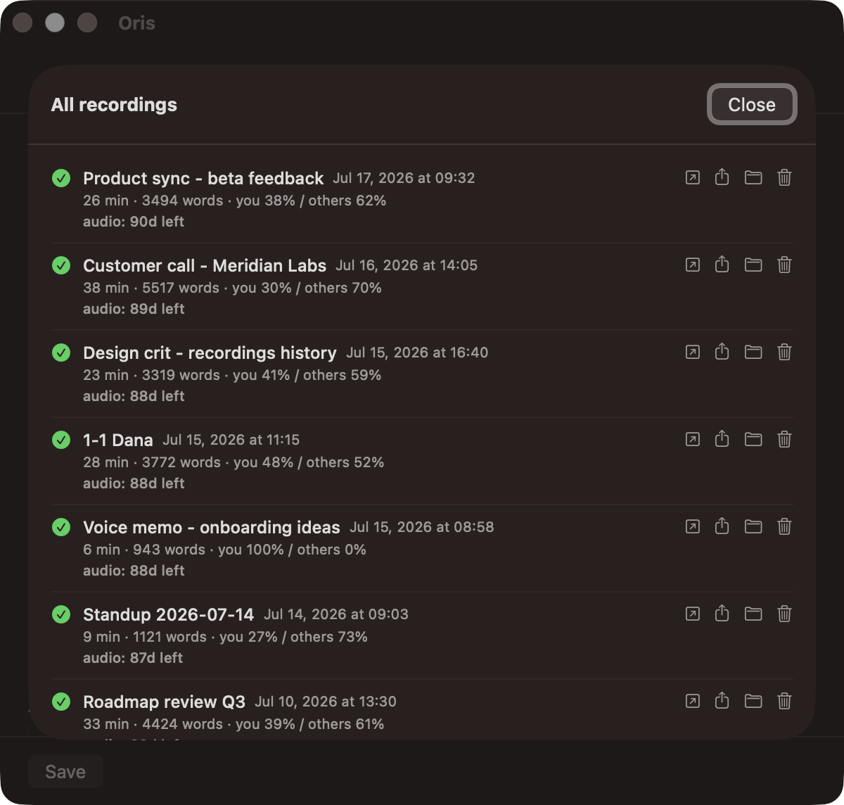 The All recordings sheet in dark mode: the full scrollable history of recordings, each row with a success check, the note name, date, a stats line (duration, word count, you/others talk split), an audio-retention countdown, and open/share/reveal/delete actions.