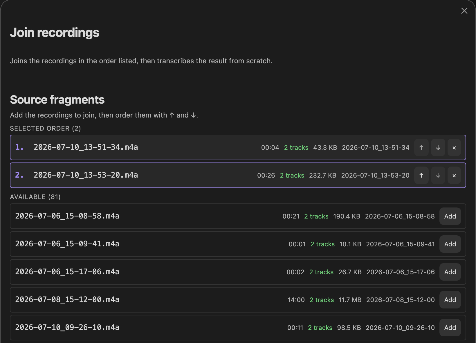 Obsidian's Join recordings window in dark mode: two recordings made two minutes apart sit in the Selected order list, numbered 1 and 2 with up, down and remove buttons, above the list of available recordings, each with its length, track count, size and an Add button.