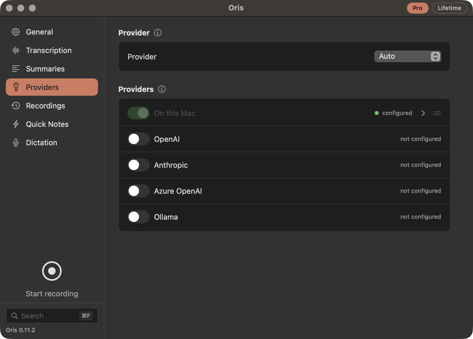 The Providers section of the Oris settings window in dark mode: a Provider box set to Auto, then a single Providers list with a switch on each row: 'On this Mac' turned on and marked configured, with a disclosure arrow and a drag handle, above OpenAI, Anthropic, Azure OpenAI and Ollama, each turned off and marked 'not configured'.