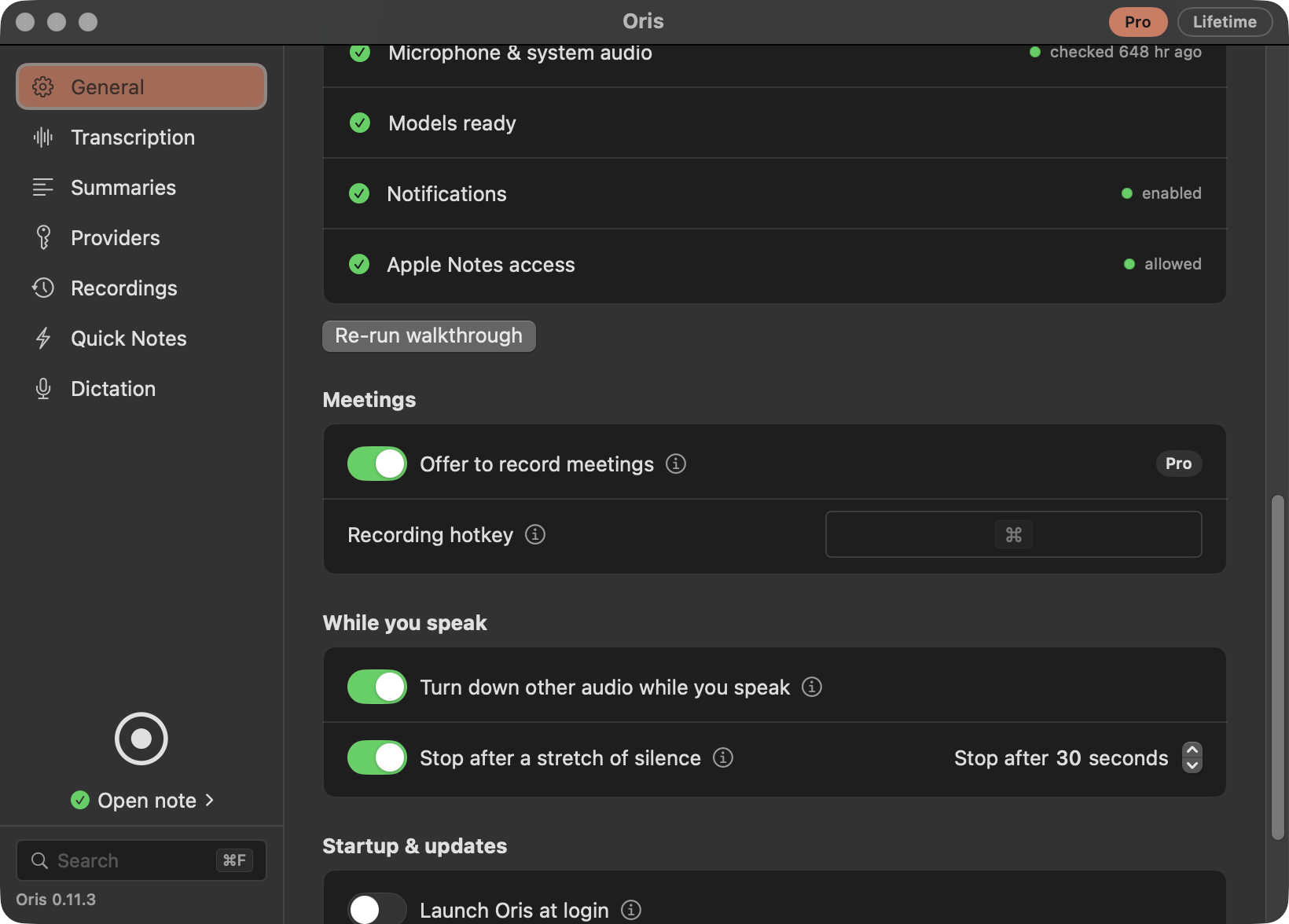 Settings → General in Oris, in dark mode, scrolled to the While you speak group: 'Turn down other audio while you speak' switched on, and 'Stop after a stretch of silence' switched on with its stepper reading 'Stop after 30 seconds'.