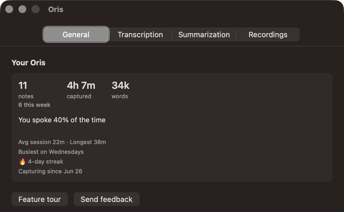 The Your Oris card on the General tab (dark mode): notes recorded, time captured, words, notes this week, the talk-ratio ('you spoke N% of the time'), average and longest session, busiest day, and capturing-since date.