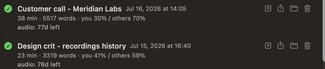 A recordings history row showing the audio retention countdown and its row actions