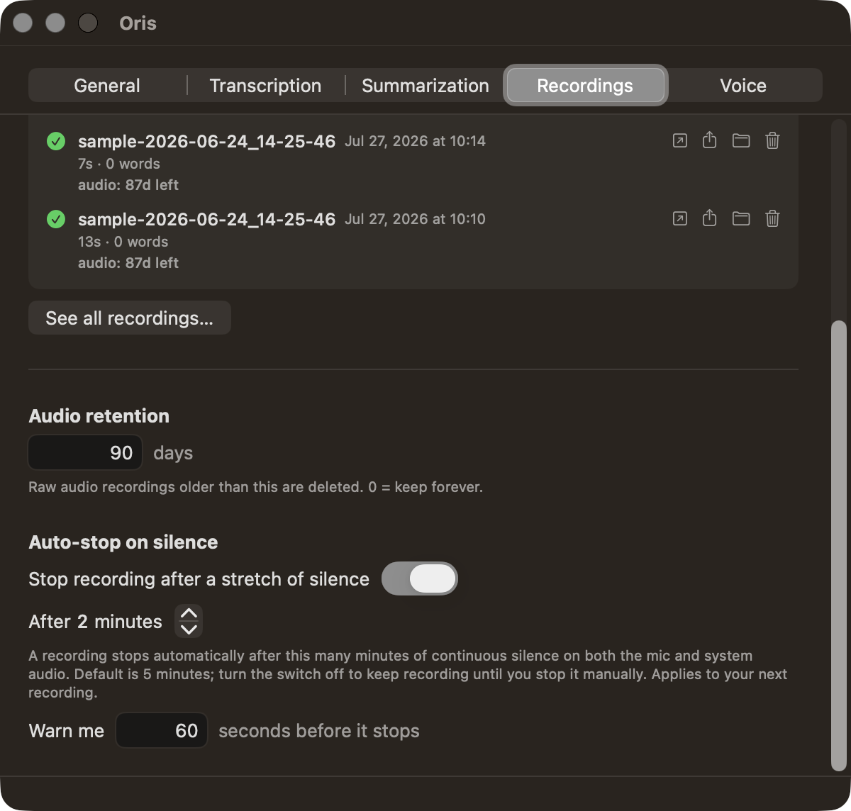 The Recordings tab, showing audio retention and the auto-stop on silence controls