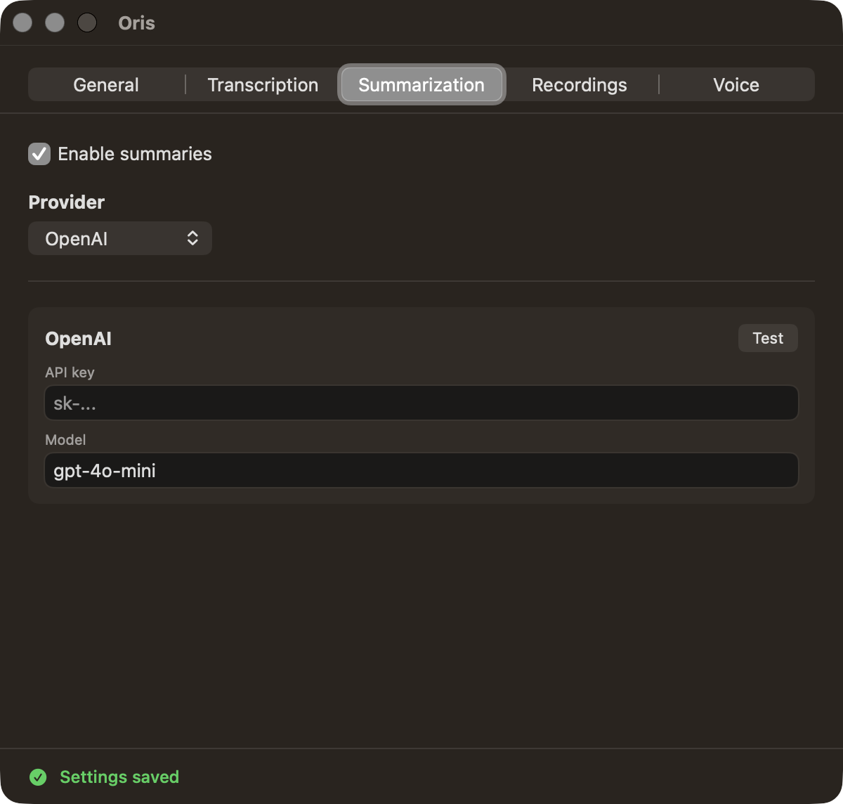 The Summarization tab with OpenAI selected, showing its API key and Model fields and the Test button