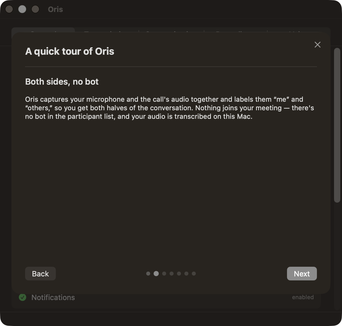 The feature tour sheet showing one of its cards, with progress dots and Back and Next buttons