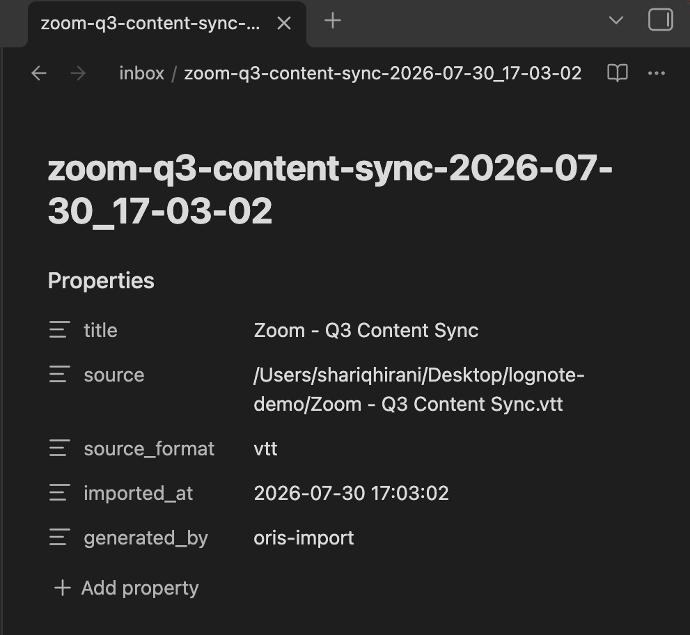 An imported note's Properties panel in Obsidian: title, source, source_format, imported_at, and generated_by, all filled in by the import
