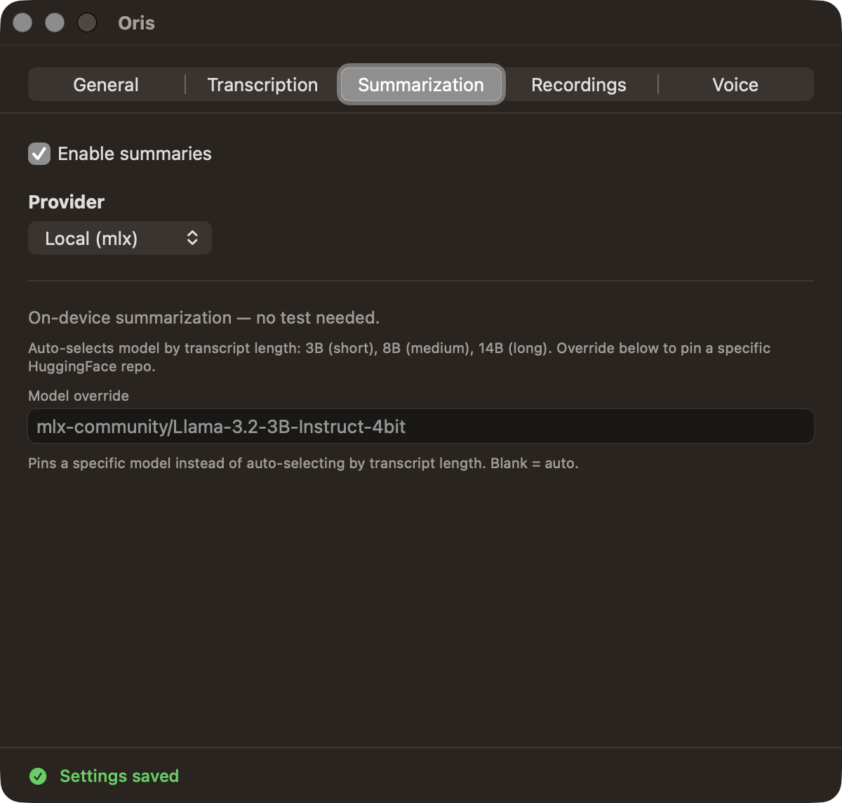 The Model override field under Settings, Summarization, Local (mlx)