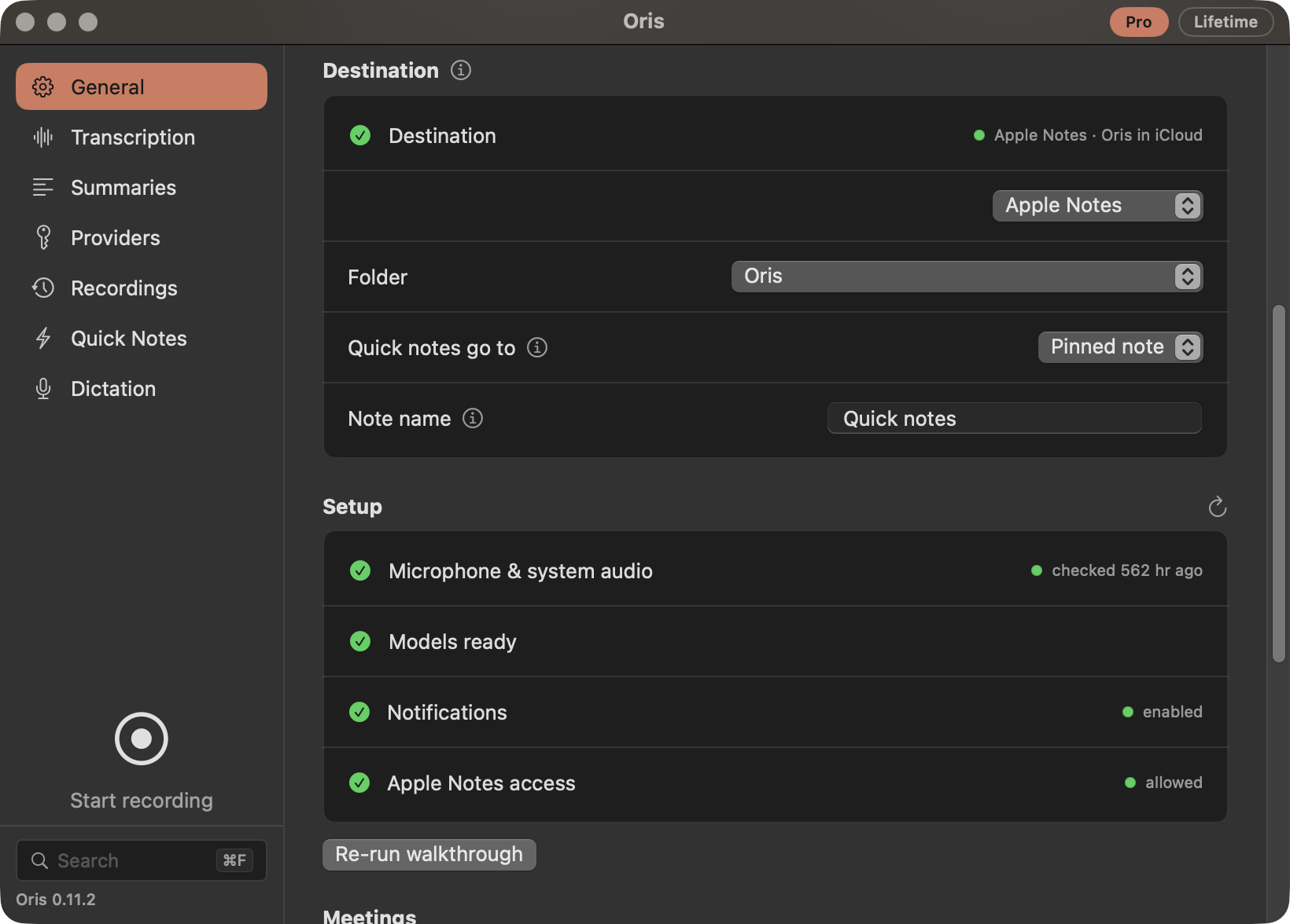 The General section's Destination box: a green check beside the configured destination, a picker for the destination type, the folder and quick-note options below it, and the Setup checklist underneath, all green.