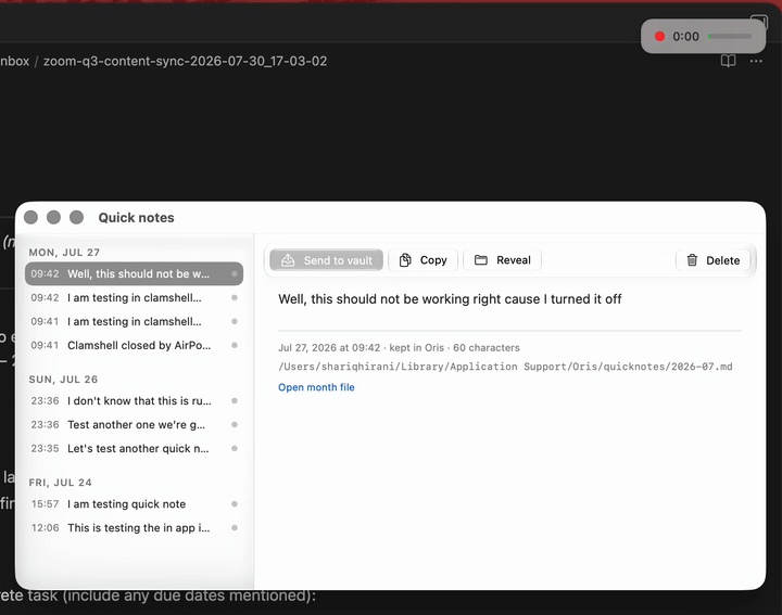 A quick note being captured: the recording pill counts up in the corner, a toast confirms it was saved, and the new note appears at the top of the Quick notes list