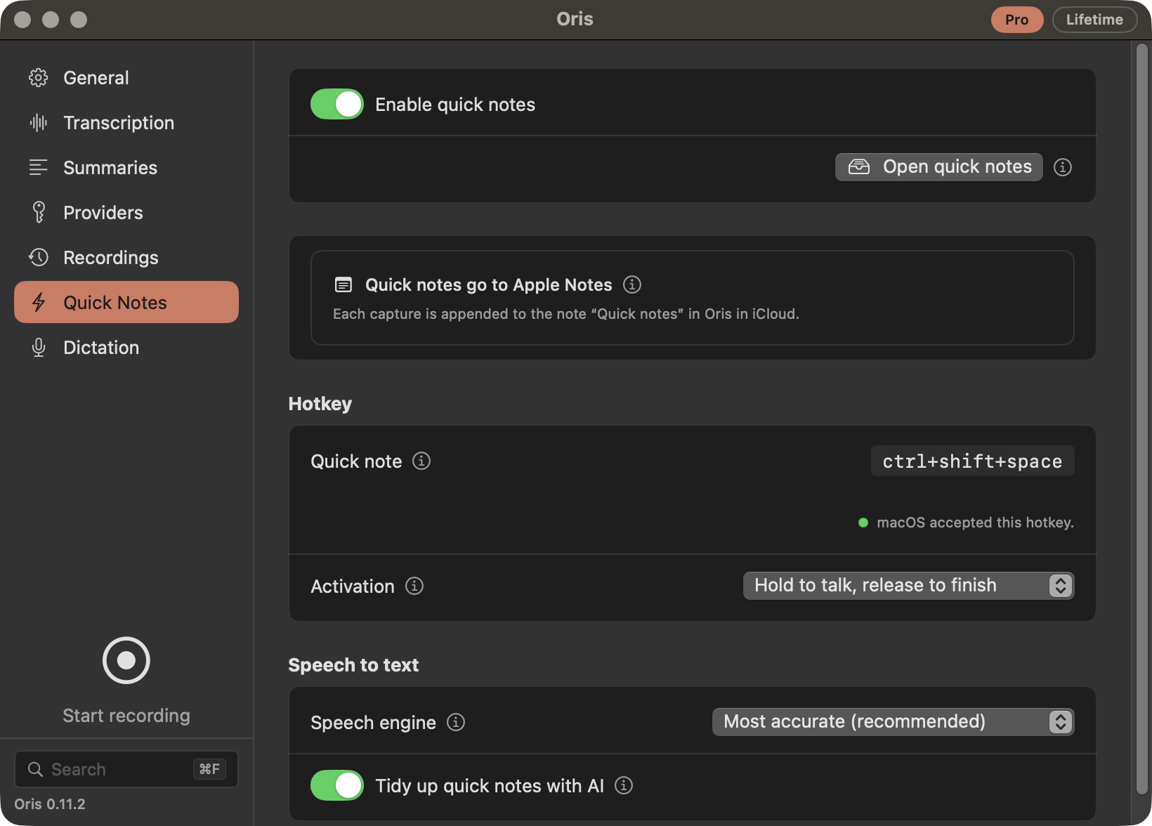 The Quick Notes section in the Oris app: the Enable quick notes switch and the Open quick notes button, a box saying where quick notes go, the quick-note hotkey with its activation mode, and the speech engine and "Tidy up quick notes with AI" settings.