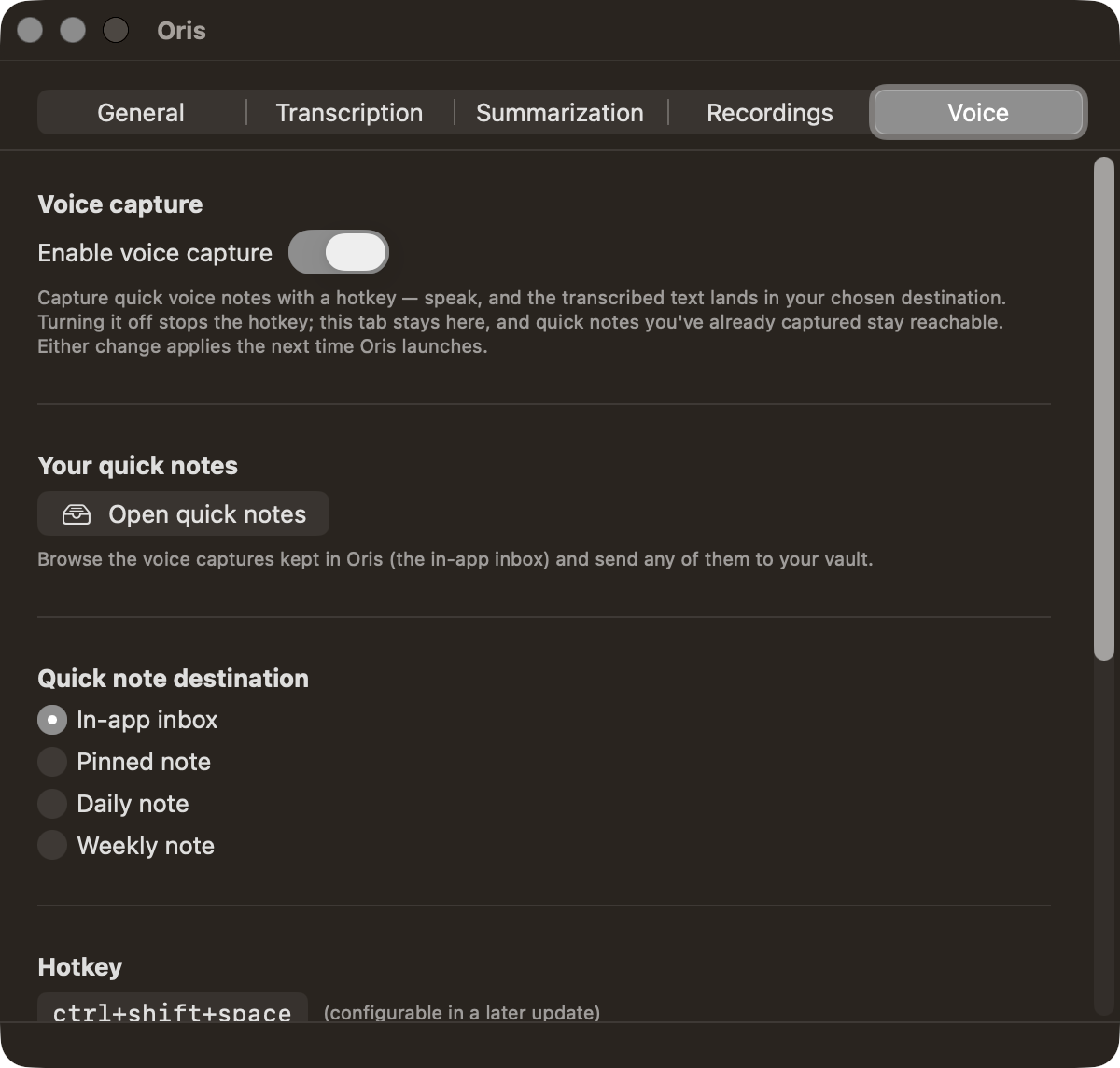 The Voice tab in the Oris app, with the voice-capture switch, destination picker, hotkey, activation mode and cleanup toggle