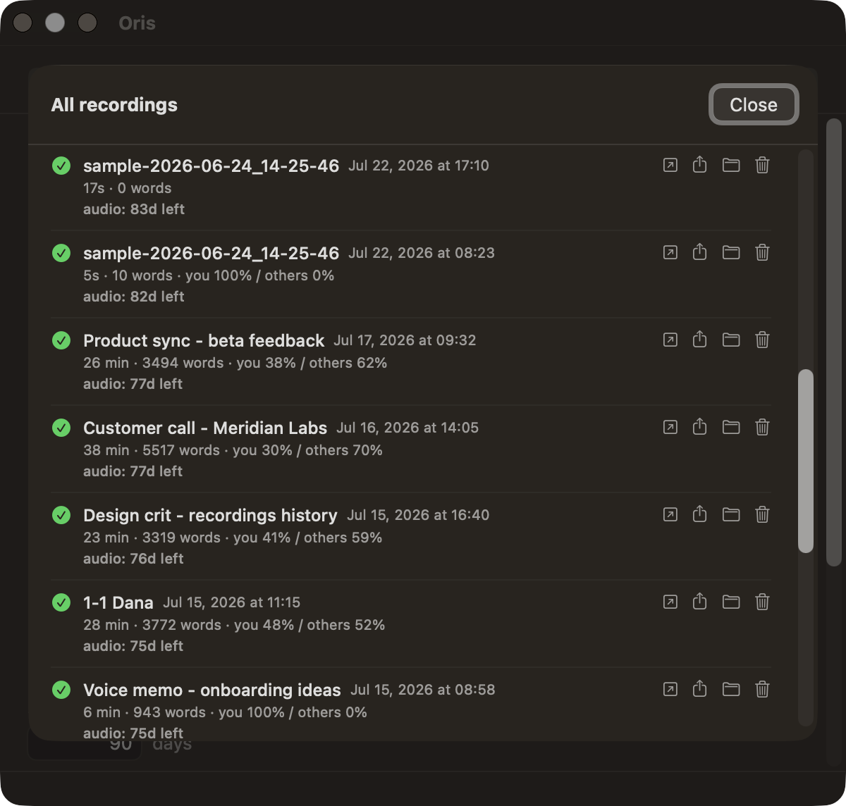 The All recordings sheet, listing recordings with their status, mini-stats and row actions