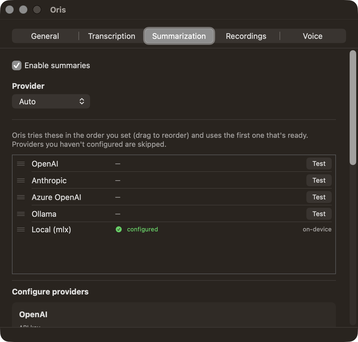 The Summarization tab with Provider set to Auto, showing the drag-reorderable fallback list