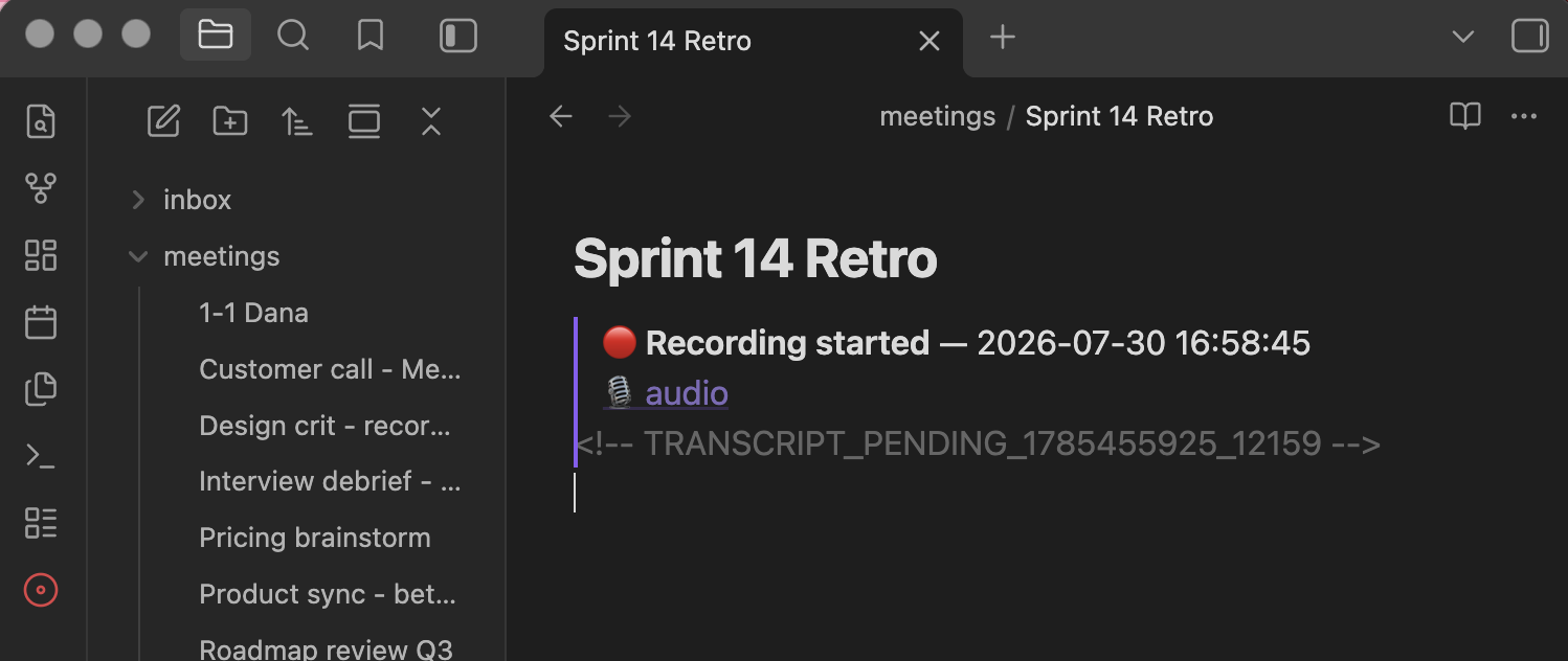 The same note a moment after clicking record: the ribbon icon is now a red dot and Oris has placed its recording marker at the cursor