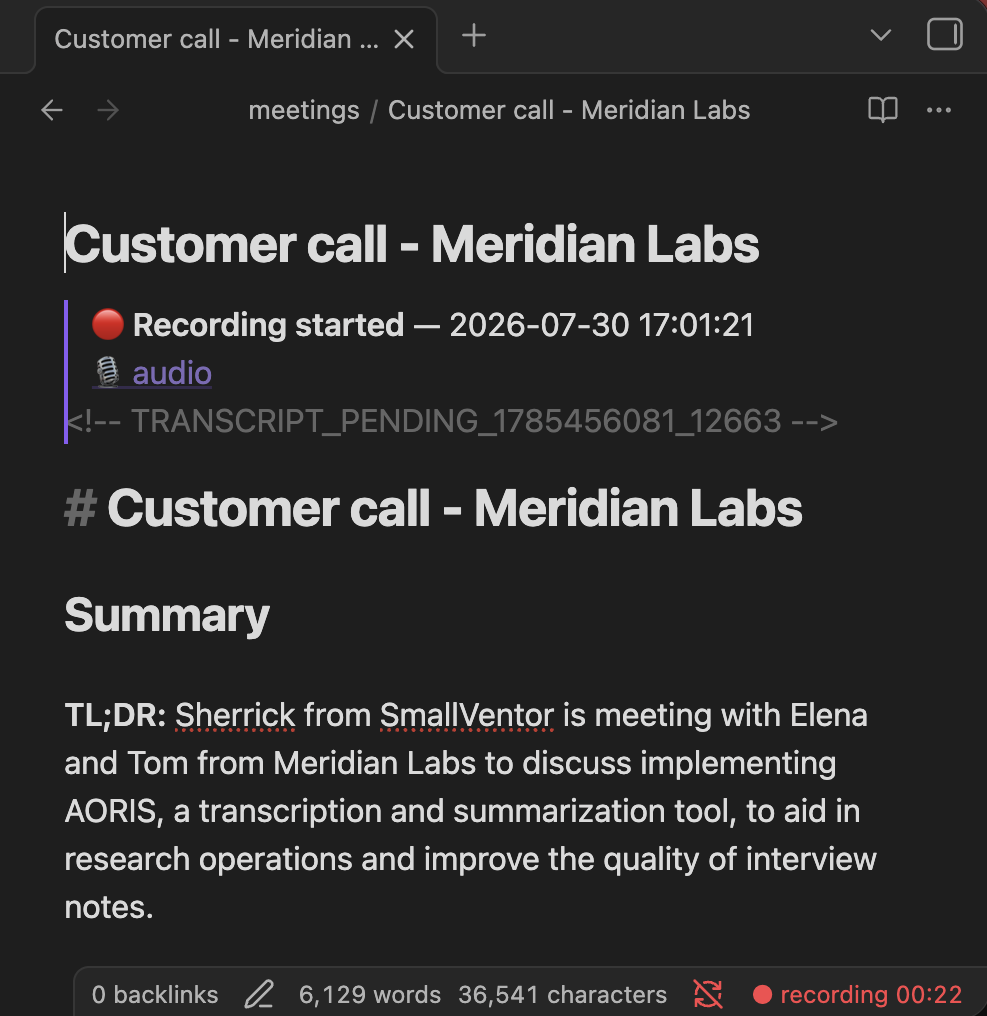 A meeting note in Obsidian with a landed summary: the note's title, the audio wikilink, and the Summary section's TL;DR